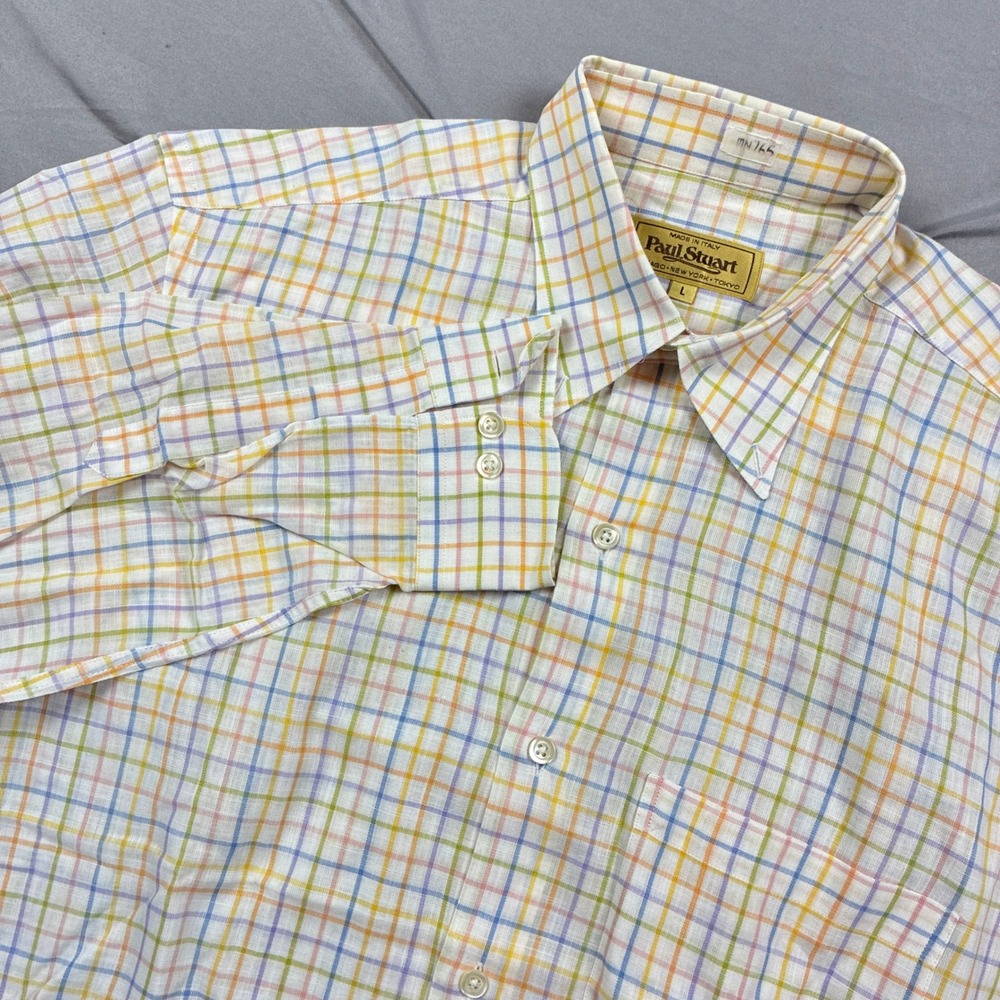 Paul Stuart Button Down Shirt Mens L Multi Color Check Tattersall Italy Cotton